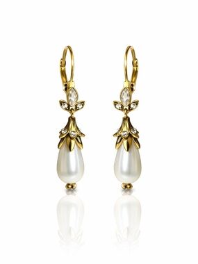 Gold and White Pearl Teardrop Dangle Earrings